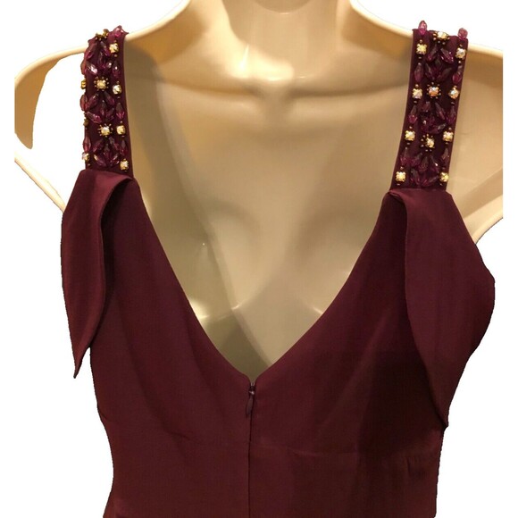 NWT! Betsy & Adam Jeweled Wine Color Size 4 Formal Gown Peek A Boo Sleeve - Picture 6 of 15